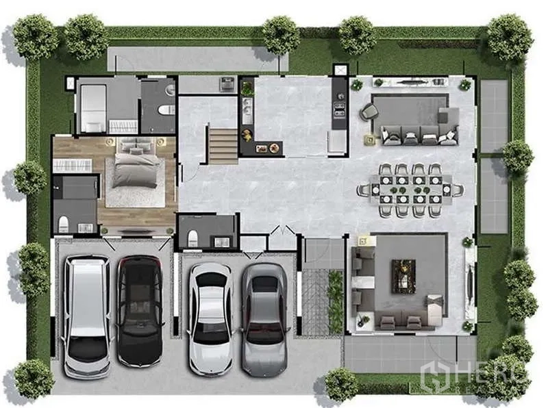 Detached House for rent or sale in Bang Phli, Samut Prakan - Ground-floor plan showing carport, living areas, kitchen and one bedroom.