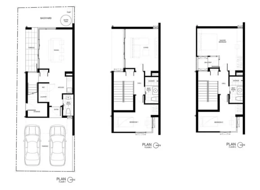 Detached House for rent in Huai Khwang, Bangkok - Three-storey floor plans showing parking, living areas and four bedrooms.
