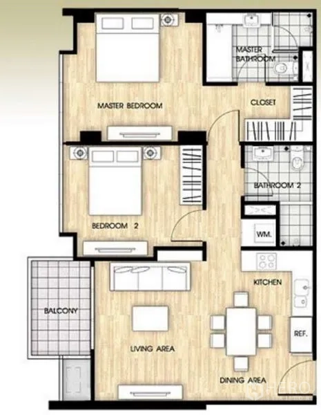 คอนโด ให้เช่าหรือขายในKhlong Toei, Bangkok - ผังห้องคอนโด 84 ตร.ม. 2 ห้องนอน 2 ห้องน้ำ พร้อมระเบียง
