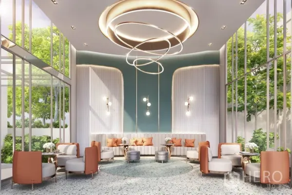 Condominium for sale in Bang Kho Laem, Bangkok - Double-height condo lobby with sculptural ring lights, floor-to-ceiling windows and garden-view seating areas.