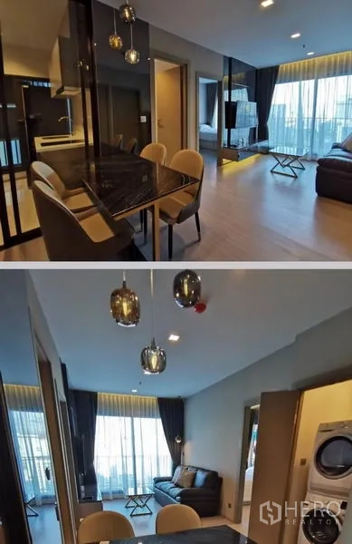 Condominium for rent in Huai Khwang, Bangkok - Open-plan dining and living area with pendant lights and glass-partitioned kitchen