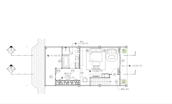 Townhouse for rent or sale in Watthana, Bangkok - Top-floor master suite layout with walk-in closet, double-vanity bathroom and bathtub.