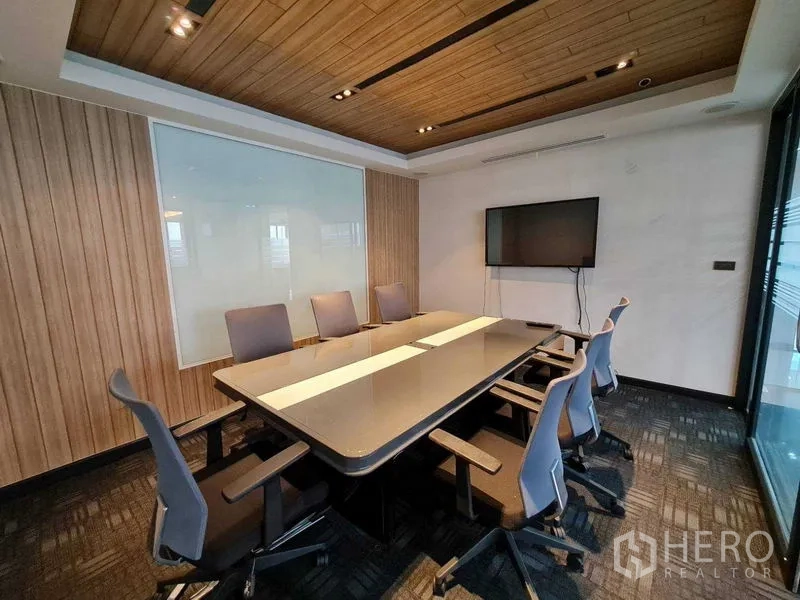 办公空间 出租 - 会议室配电视、玻璃隔墙、吸音天花与人体工学椅。