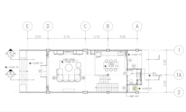 Townhouse for rent or sale in Watthana, Bangkok - Second-floor layout featuring living room, separate dining space, staircase core and a guest bathroom.