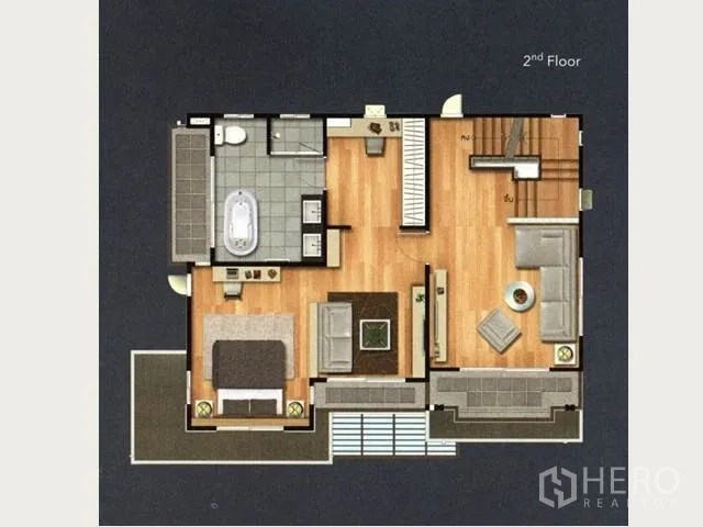 Detached House for sale in Suan Luang, Bangkok - Second‑floor plan showing master suite with large bathroom, lounge area, and balcony access.