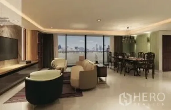 คอนโด ให้เช่า - ห้องนั่งเล่นแปลนเปิด ชุดโซฟา ชุดทานอาหาร และหน้าต่างพาโนรามา