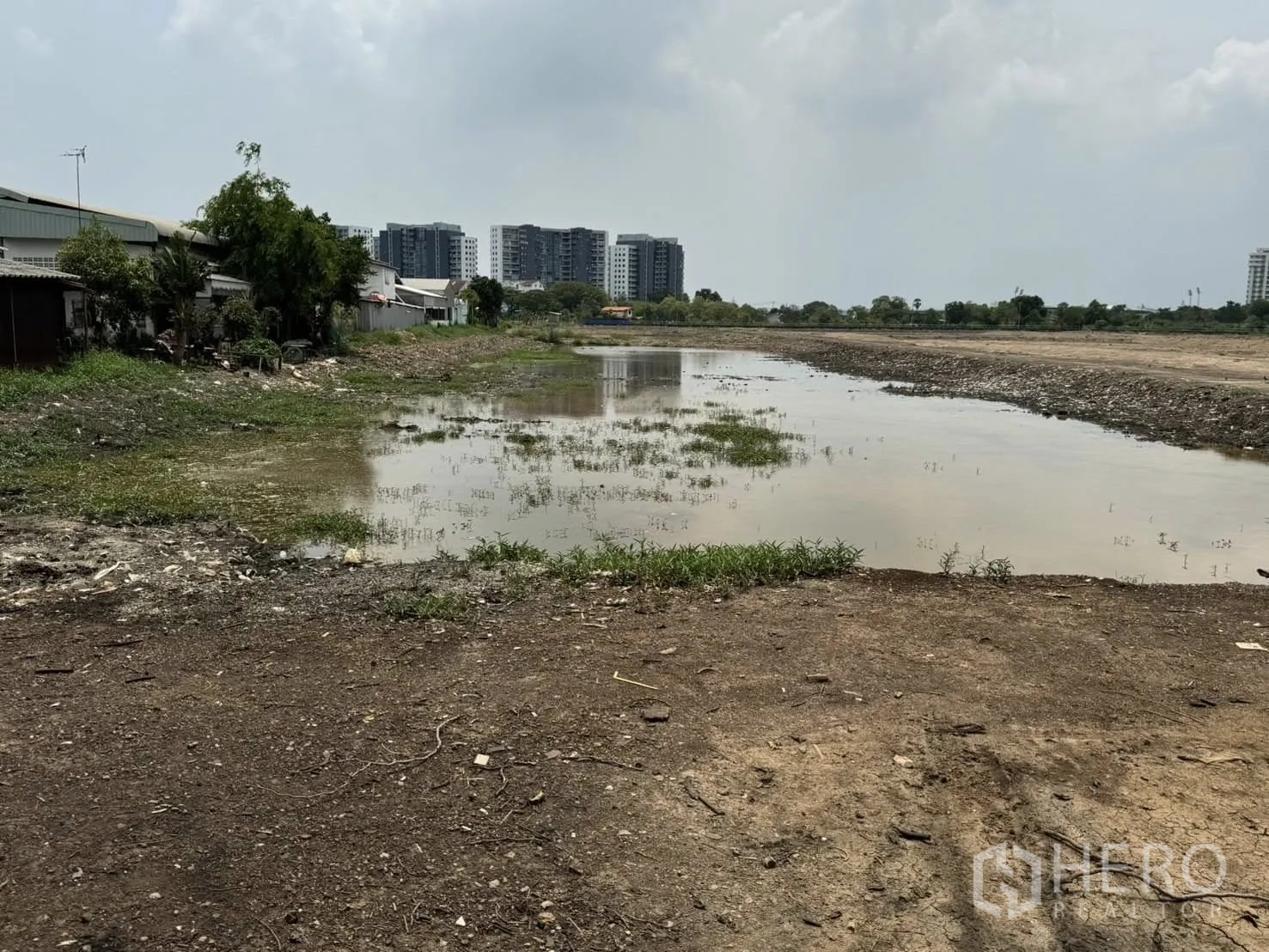 Land for sale in Bang Phli, Samut Prakan - Close-up of the pond and embankment with neighboring warehouses and condo blocks in the background.