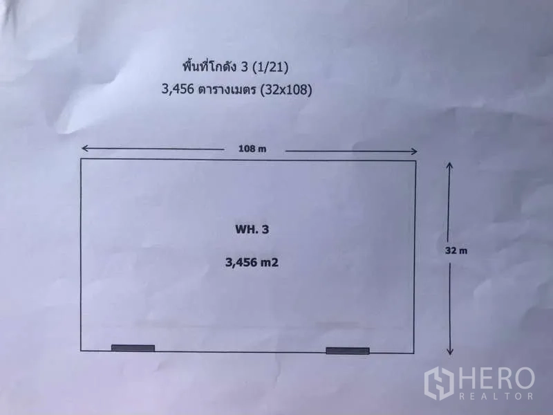 工厂 出租在Bang Pakong, Chachoengsao - 平面图显示厂房面积3,456平方米（32×108米）。