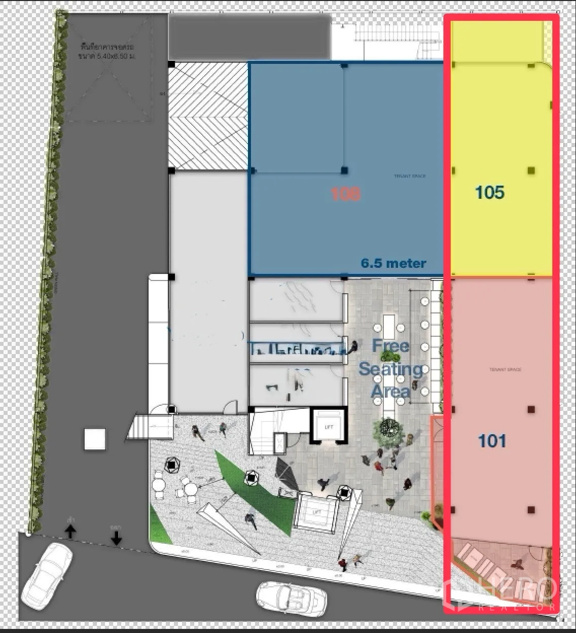 พื้นที่ขายปลีก ให้เช่า - ภาพมุมกว้างของภายใน แสดงคานโครงสร้าง พื้นดิบ และผนังกระจกต่อเนื่องสองฝั่ง