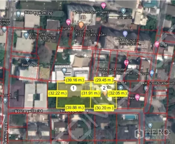 Land for sale - Satellite view highlighting the two adjoining land plots and measurements within a dense Sukhumvit neighborhood.