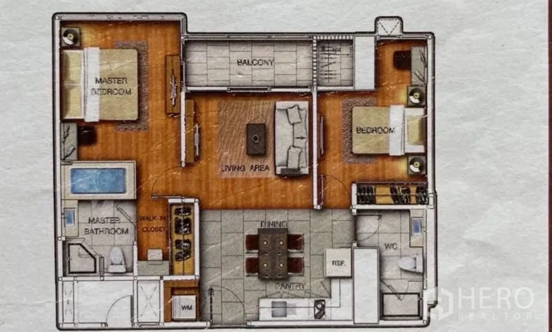 公寓 出售在Bang Rak, Bangkok - 两卧公寓平面图，显示阳台、客厅、厨房与卫浴布局。