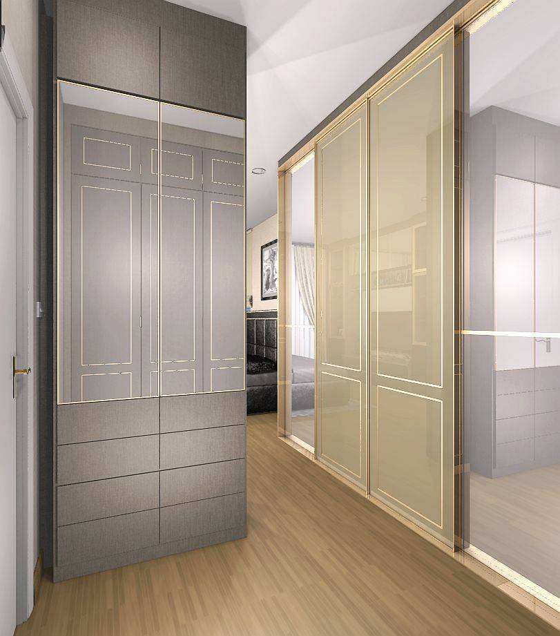 Detached House for rent in Saphan Sung, Bangkok - Closet corridor with mirrored doors, gray cabinetry and wood floors.