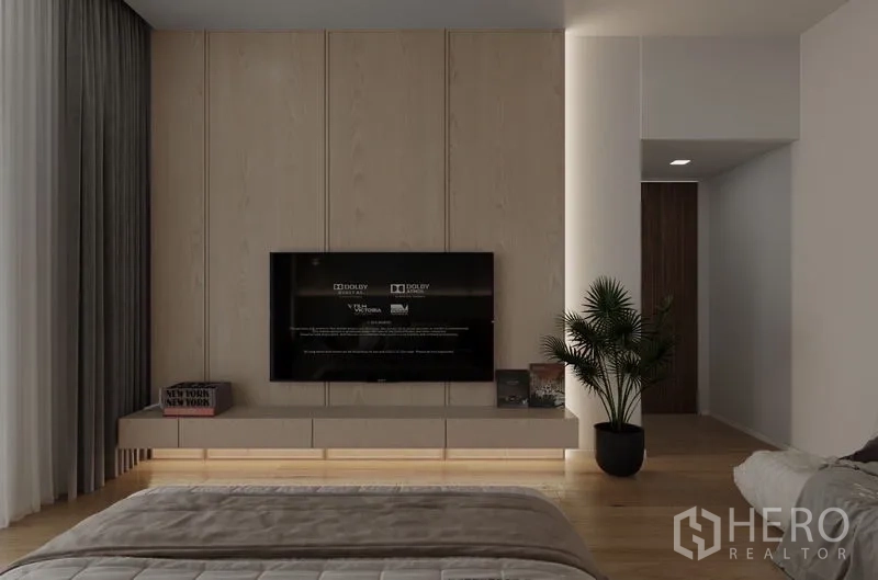 บ้าน ให้เช่าในSaphan Sung, Bangkok - ผนังทีวีในห้องนอน พร้อมคอนโซลลอยและต้นไม้กระถาง