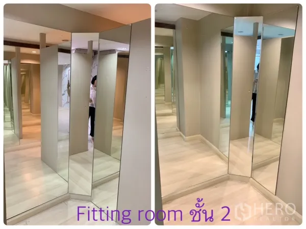 Home Office for rent in Watthana, Bangkok - Second-floor fitting room with floor-to-ceiling mirrors and light wood floors.