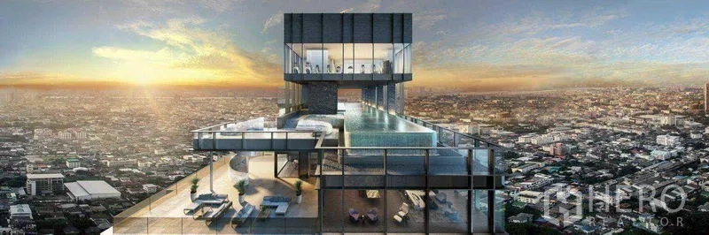 Condominium for sale in Bang Kho Laem, Bangkok - Rooftop infinity pool and sky lounge overlooking Bangkok at sunset with panoramic city views.