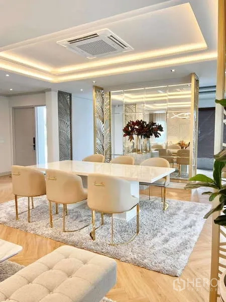 Detached House for rent in Bang Phli, Samut Prakan - Dining space view with cassette air-conditioner and ceiling lighting details.