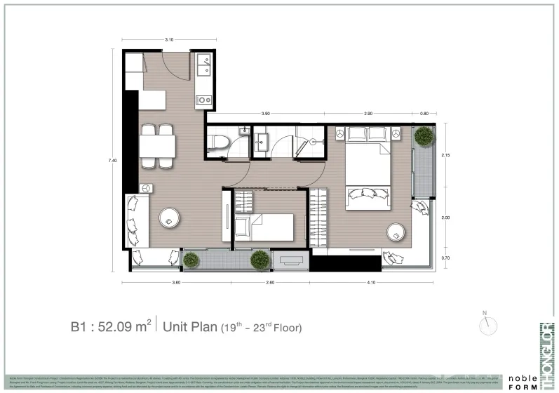 คอนโด ขายในWatthana, Bangkok - ผังห้องคอนโด 1 ห้องนอนพลัส ประมาณ 53 ตร.ม. แสดงพื้นที่นั่งเล่น‑รับประทานอาหาร ครัวรูปตัวแอล ระเบียง และห้องน้ำหนึ่งห้อง
