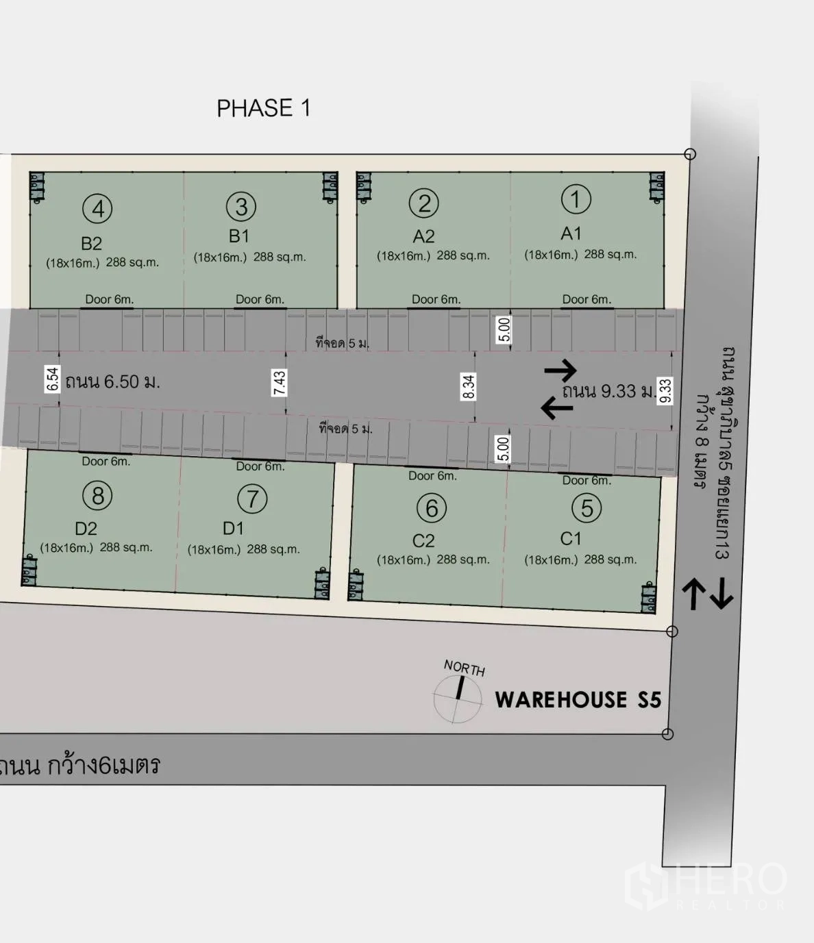 仓库 for rent in Bang Khen, Bangkok - 园区总平面图，显示多栋仓库单元与中央车道。