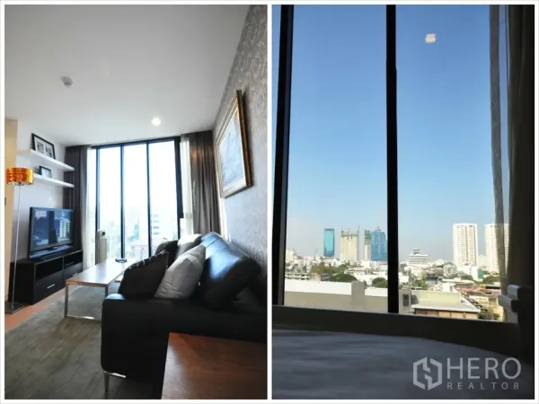 คอนโด ให้เช่าหรือขายในWatthana, Bangkok - วิวสกายไลน์กรุงเทพจากหน้าต่างสูงชิดพื้น ใกล้โซนห้องนั่งเล่น