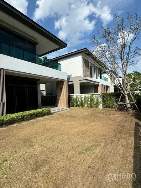 Detached House for rent or sale - Backyard lawn beside modern neighboring houses with balconies and hedges.