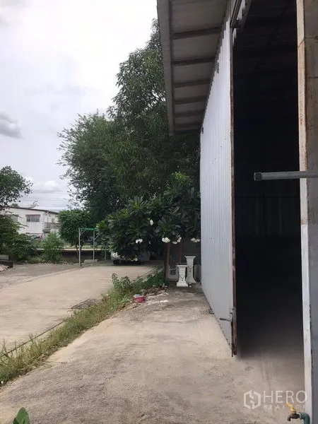 Warehouse for rent in Bang Kapi, Bangkok - Exterior side of metal-clad warehouse with wide sliding door, driveway access and surrounding greenery.