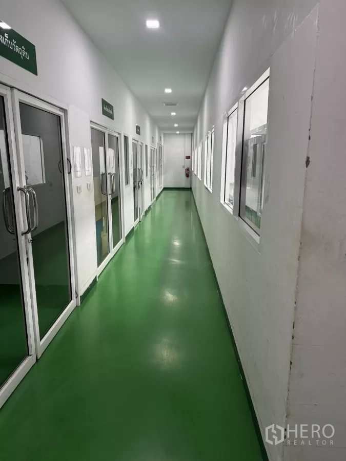 Factory for sale in Lam Luk Ka, Pathum Thani - Clean-process corridor with green epoxy flooring, glass doors and bright LED lighting.