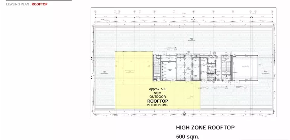 零售空间 出租 - 平面图标注约500平方米的户外屋顶出租区域。