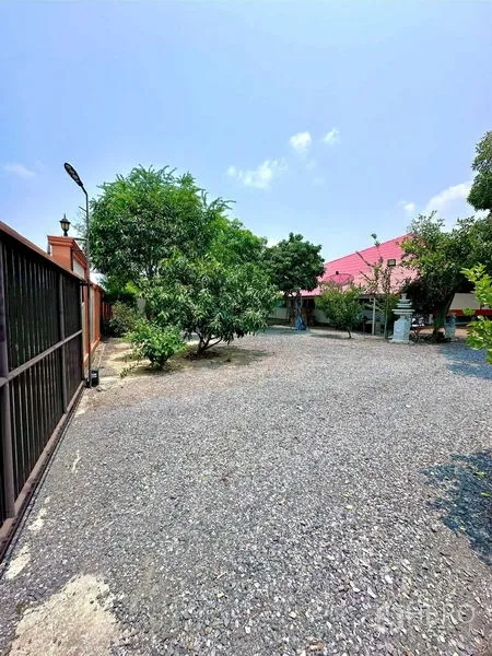 Detached House for sale in Bang Bua Thong, Nonthaburi - Gravel side yard with shade trees and a red-roof house visible beyond.