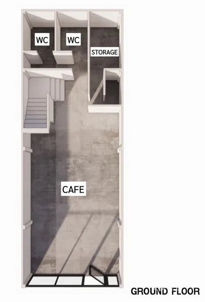 零售空间 出租在Watthana, Bangkok - 一层平面图，标注咖啡区、储物间及两个卫生间的长方形布局。