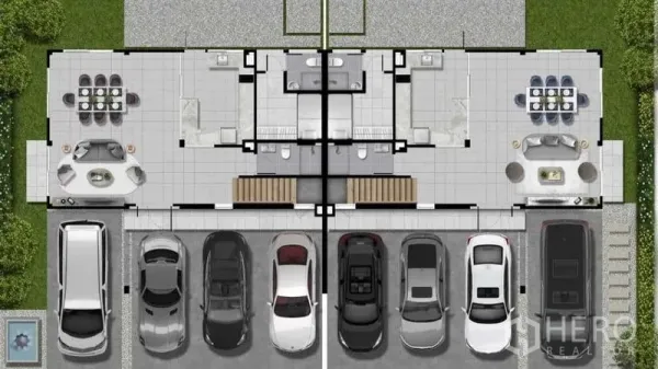 Detached House for sale in Prawet, Bangkok - Ground-floor plan showing open-plan living and dining areas, kitchen zones, and front parking bays.