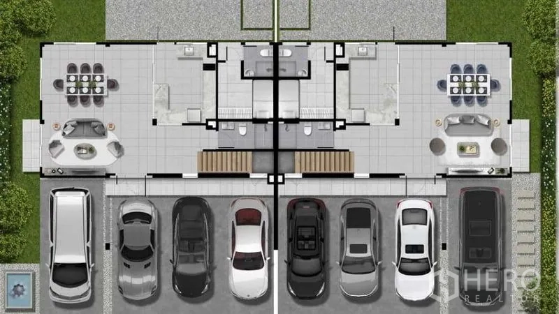 Detached House for sale in Prawet, Bangkok - Ground-floor plan showing open-plan living and dining areas, kitchen zones, and front parking bays.