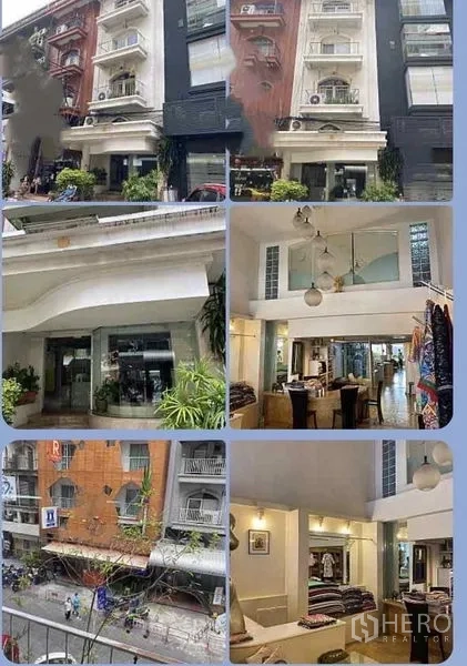 店屋 出租或出售在Bangkok - 拼图照片展示建筑外观与明亮的店面内景和阳台。