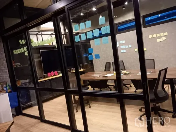 สำนักงาน ให้เช่าในChatuchak, Bangkok - ห้องประชุมผนังกระจก โต๊ะประชุมขนาดใหญ่ ทีวี และโน้ตแปะบนกระจก