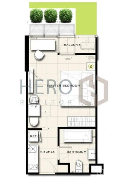 คอนโด ขาย - ผังห้องคอนโด 1 ห้องนอนพร้อมระเบียง ครัว และห้องน้ำ