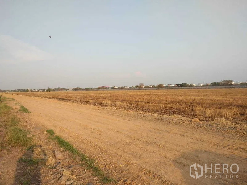 ที่ดิน ขายในLam Luk Ka, Pathum Thani - แปลงที่ดินกว้างราบเรียบ มีถนนดินกว้างและแนวชุมชนเตี้ยไกลลิบ