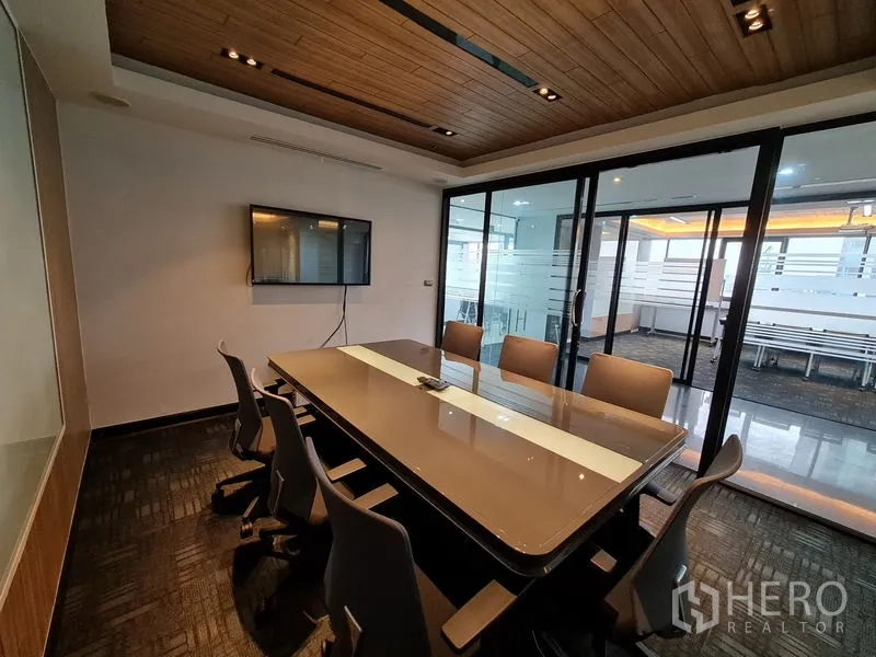 办公空间 出租在Bang Rak, Bangkok - 会议室视角朝向推拉玻璃门与前方接待区。