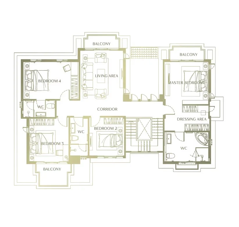 Detached House for rent in Lam Luk Ka, Pathum Thani - Second-floor plan showing four bedrooms, corridor lounge, balconies, and bathrooms.
