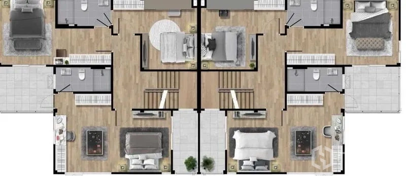 Detached House for sale in Prawet, Bangkok - Second-floor plan highlighting several bedrooms with en-suite bathrooms and built-in closets.