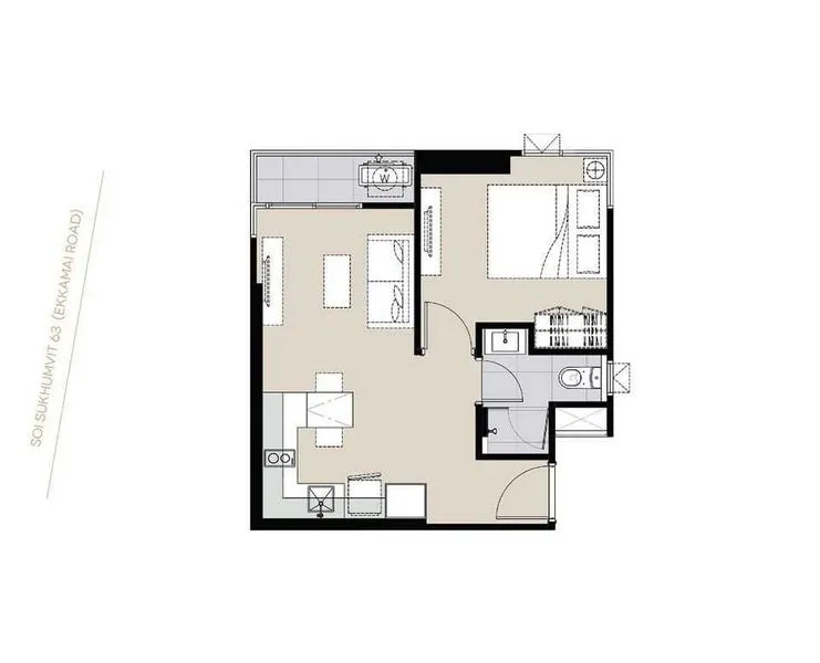 คอนโด ให้เช่าในWatthana, Bangkok - ผังห้องคอนโดขนาด 35 ตร.ม. แบบ 1 ห้องนอน มีครัว โถงนั่งเล่น ระเบียง และห้องน้ำติดห้องนอน