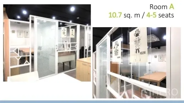 Office Space for rent in Watthana, Bangkok - Room A private office with white mesh partitions, wood desks and bright ceiling lights.
