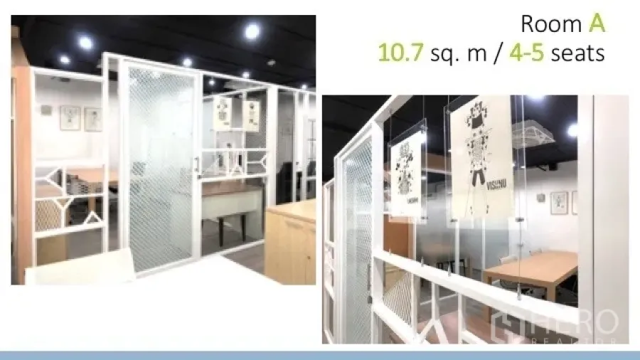 สำนักงาน ให้เช่าในWatthana, Bangkok - ห้องทำงาน Room A กั้นผนังตาข่ายสีขาว โต๊ะไม้ และไฟเพดานสว่าง