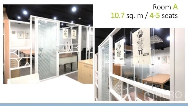 สำนักงาน ให้เช่าในWatthana, Bangkok - ห้องทำงาน Room A กั้นผนังตาข่ายสีขาว โต๊ะไม้ และไฟเพดานสว่าง