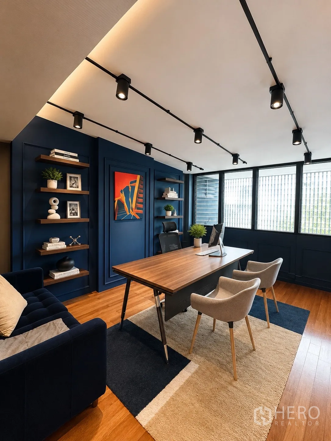 办公室 for rent in Phaya Thai, Bangkok - 主管办公室，木质办公桌，双访客椅与轨道灯。