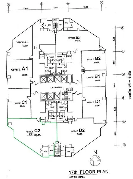 สำนักงาน ให้เช่าในChatuchak, Bangkok - ผังชั้น 17 แสดงยูนิตสำนักงาน C2 พื้นที่ 155 ตร.ม. พร้อมล็อบบี้ลิฟต์และห้องน้ำส่วนกลาง