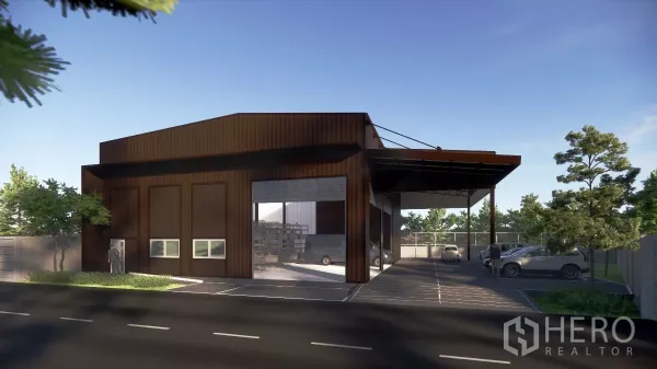 Warehouse for rent in Bang Kapi, Bangkok - Modern warehouse exterior with large loading canopy, drive-in bays and parking area.