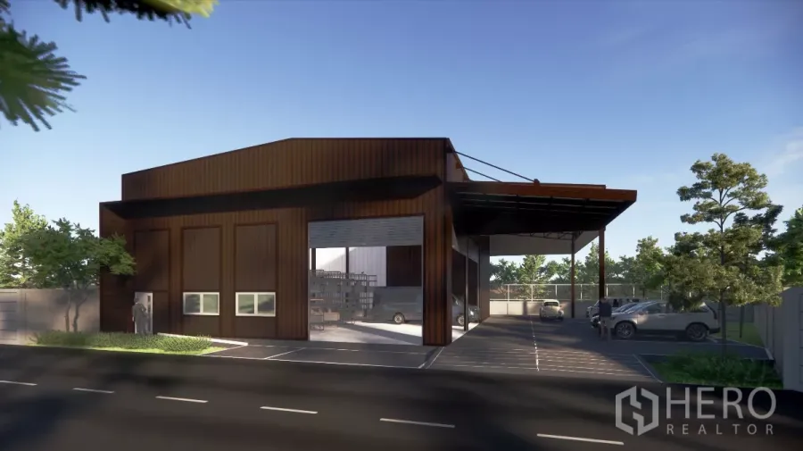 คลังสินค้า ให้เช่าในBang Kapi, Bangkok - ภาพด้านหน้าโกดังพร้อมกันสาดใหญ่ ลานจอดรถ และช่องโหลดสินค้า