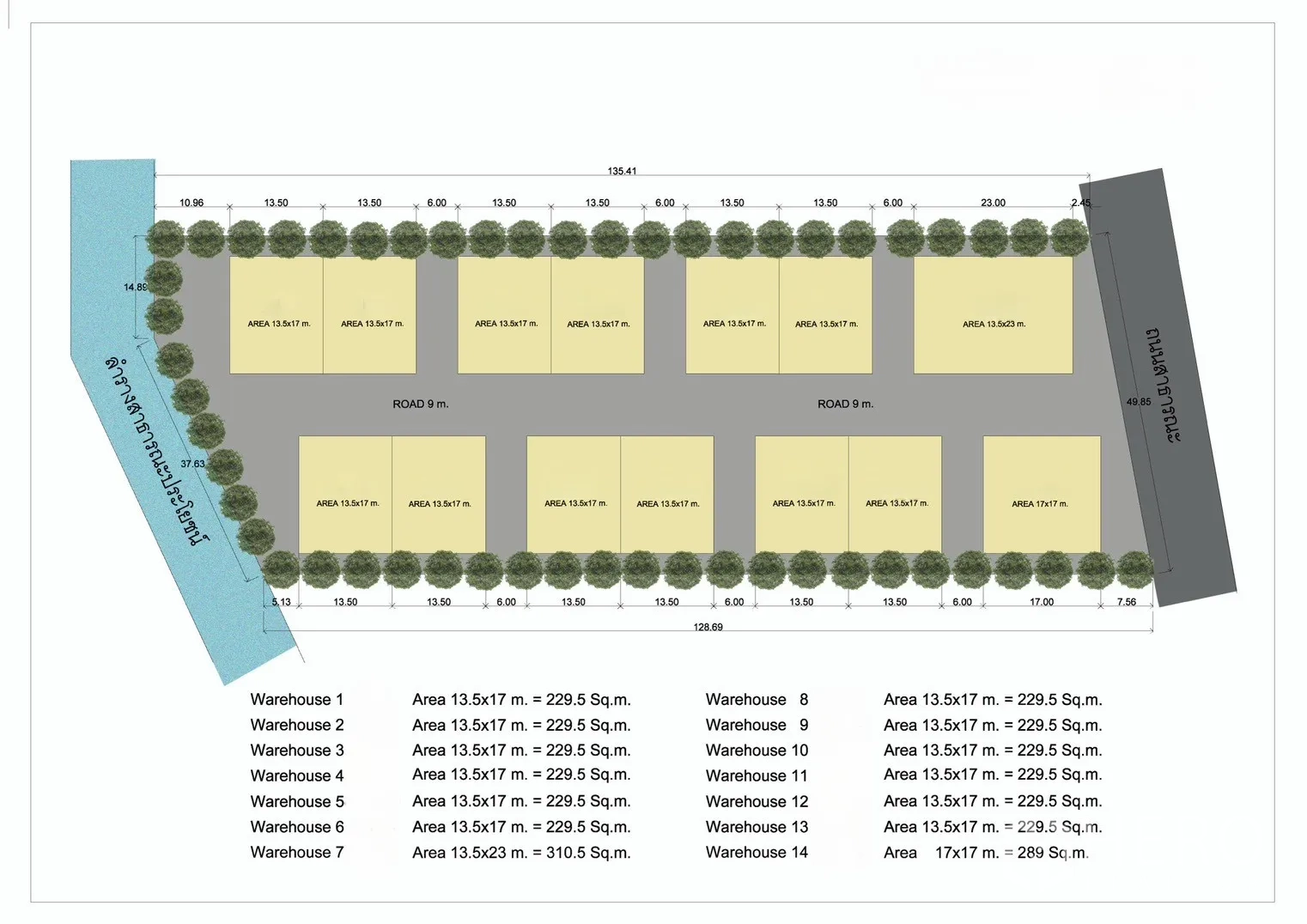 โกดัง for rent in Phra Samut Chedi, Samut Prakan - ผังโครงการแสดงแปลงโกดังหลายยูนิตและถนนภายในกว้าง 9 เมตร