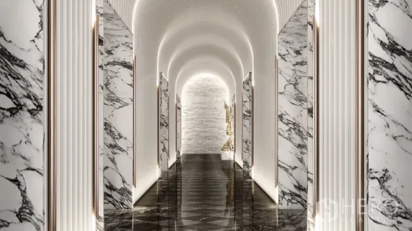 คอนโด ให้เช่า - โถงทางเดินหินอ่อน เพดานโค้ง ไฟส่องสว่าง