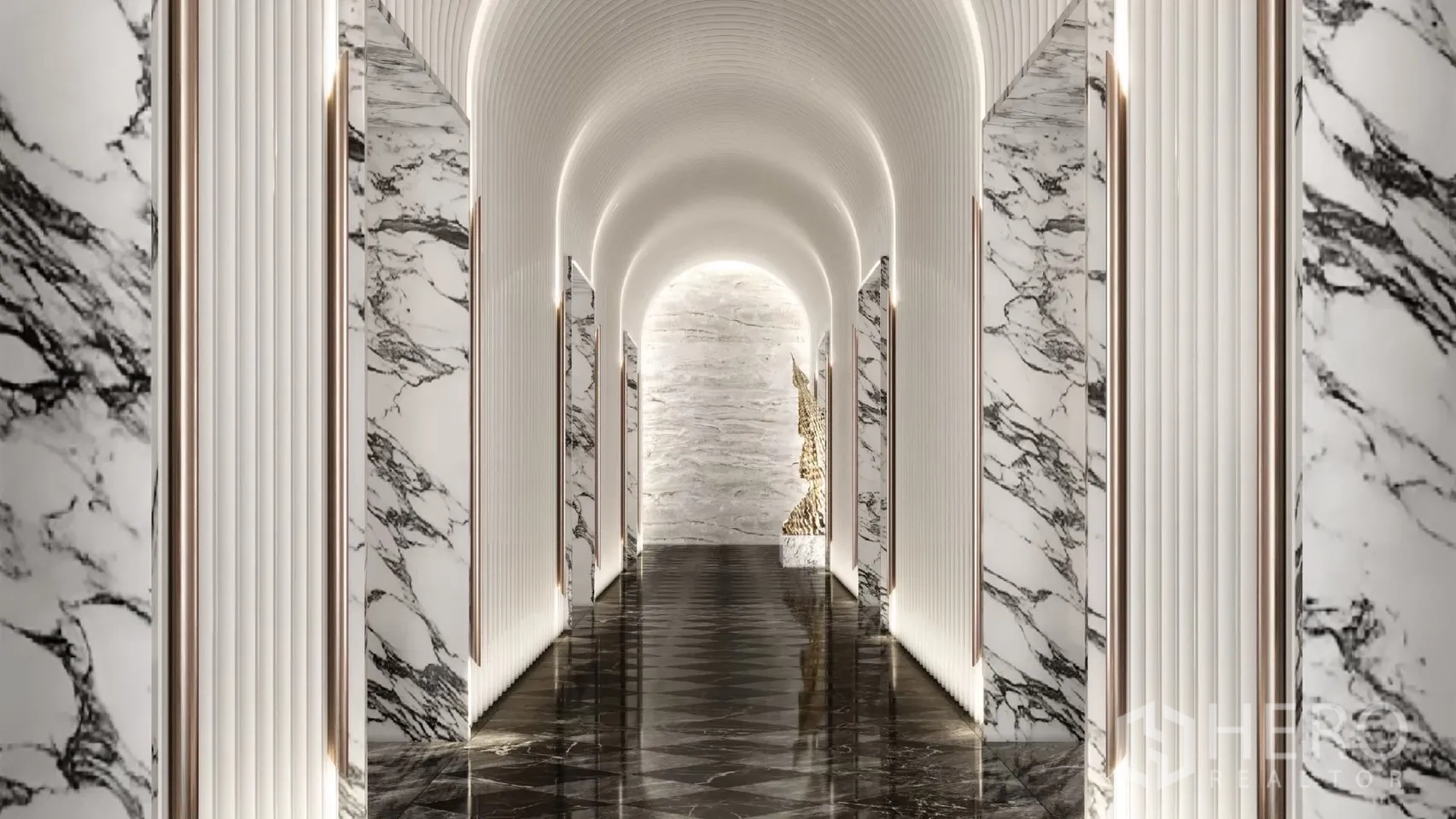 คอนโด ให้เช่า - โถงทางเดินหินอ่อน เพดานโค้ง ไฟส่องสว่าง