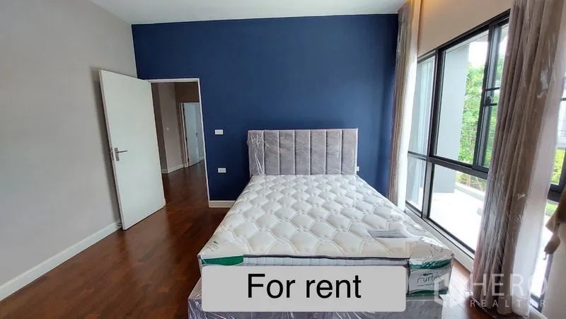 独立式住宅 出租 - 客卧配新床垫、海军蓝强调墙及宽窗。